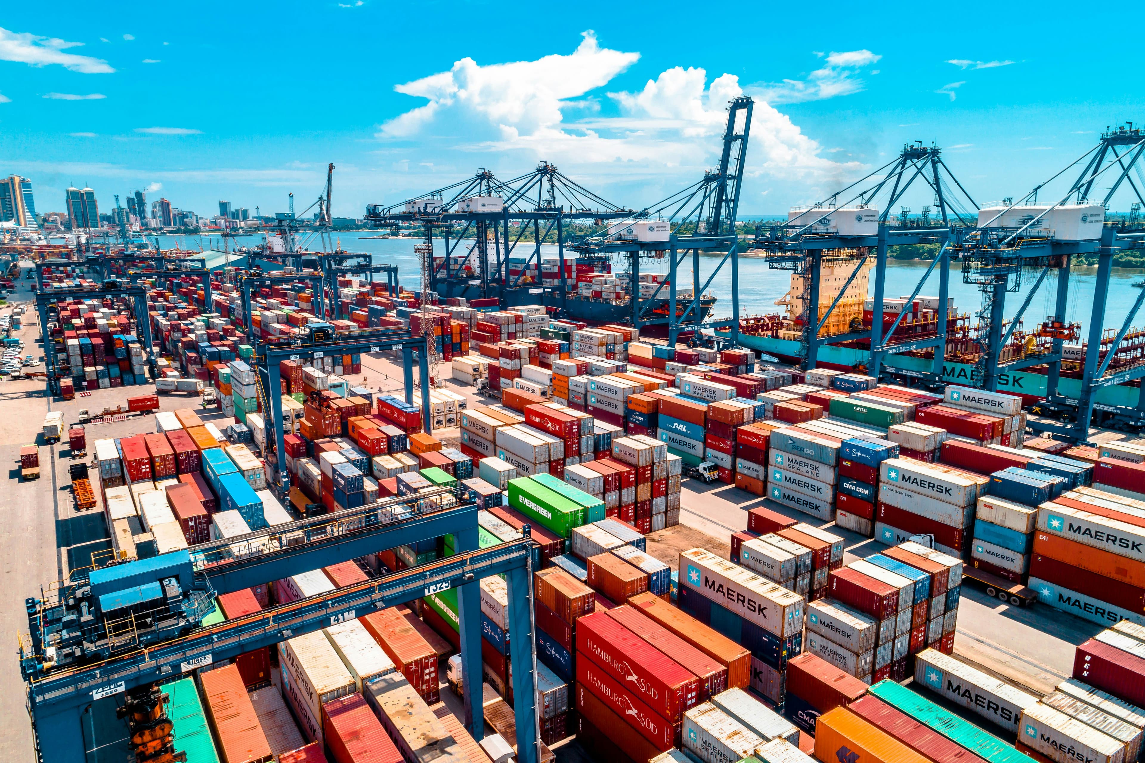 Container terminal and cargo ships at a logistics port